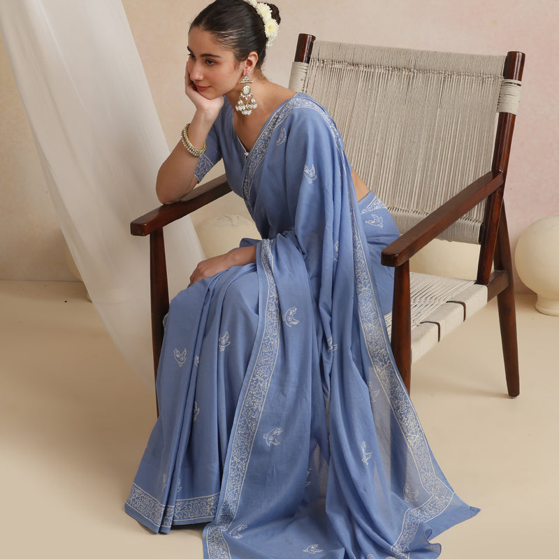 Women Hand Block Blue Pure Cotton Printed Saree - Khushal K - Image 7