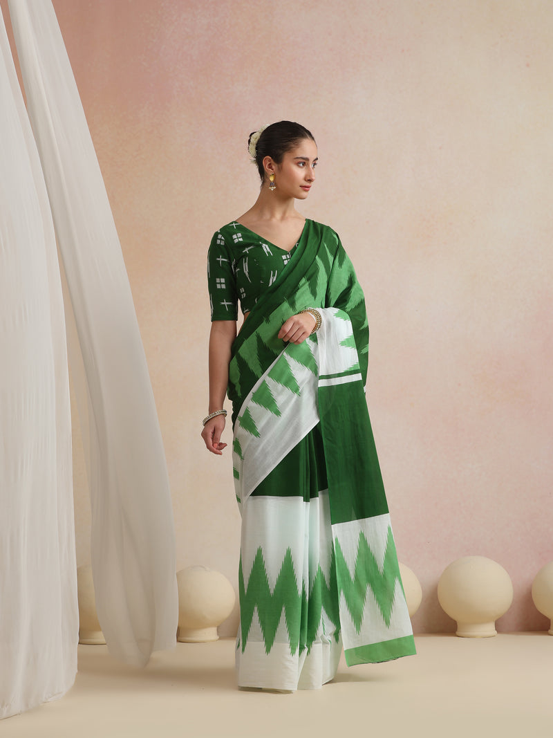 Women Hand Block Green Pure Cotton Printed Saree