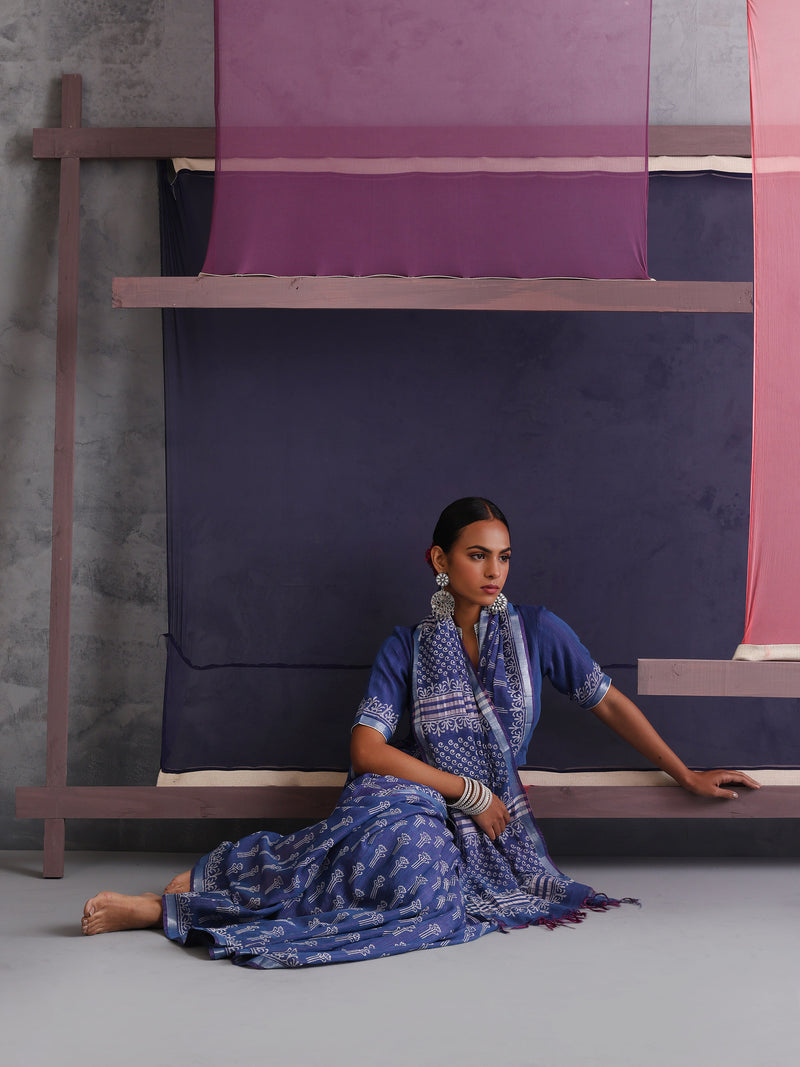 Women Hand Block Blue Cotton Linen Printed Saree