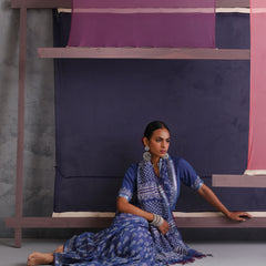 Women Hand Block Blue Cotton Linen Printed Saree