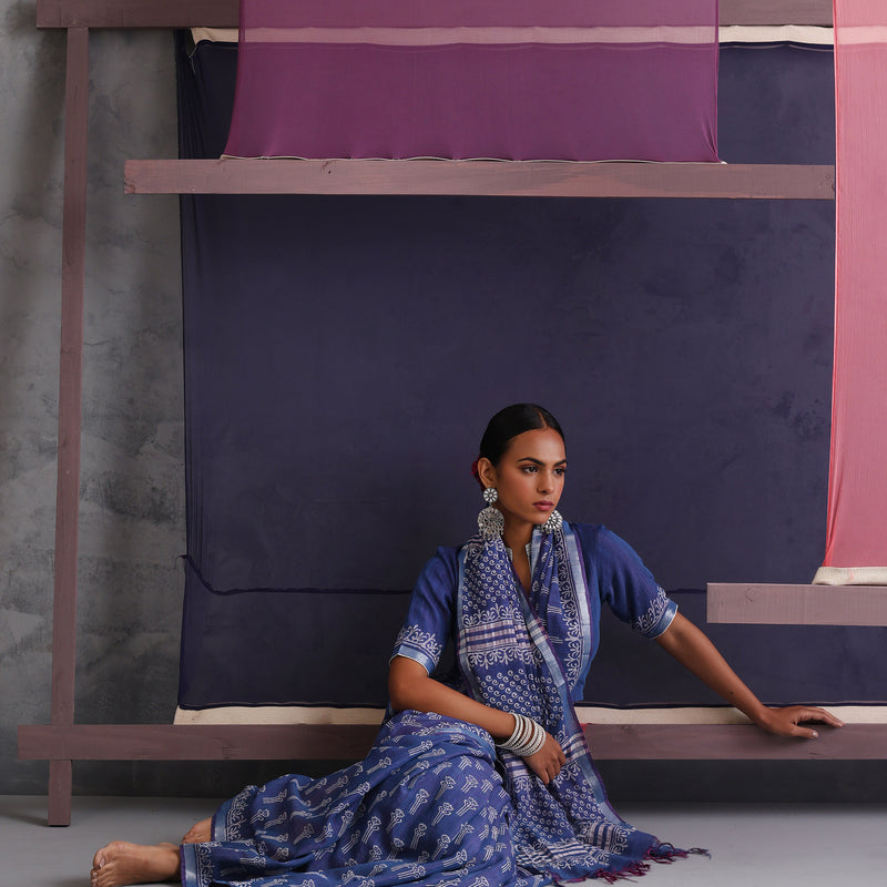 Women Hand Block Blue Cotton Linen Printed Saree - Khushal K - Image 7