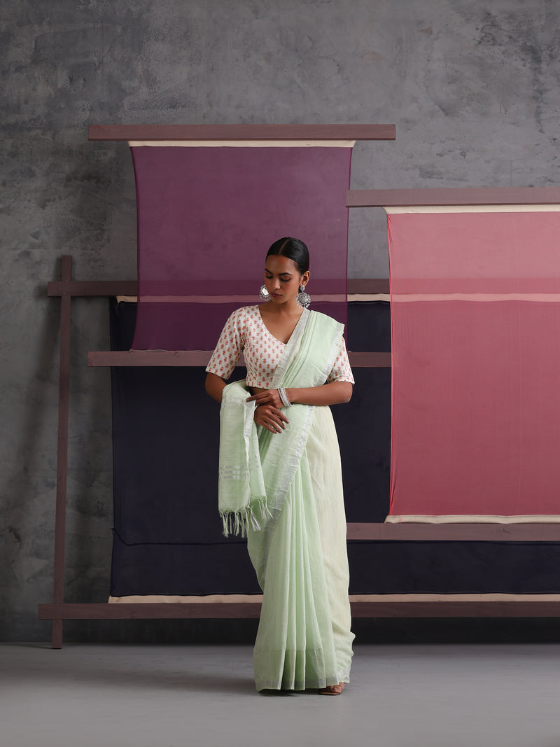 Women Cotton Green Linen Printed Saree