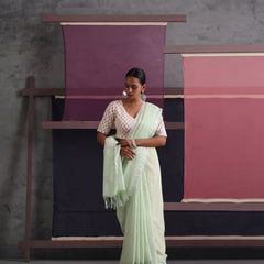 Women Cotton Green Linen Printed Saree