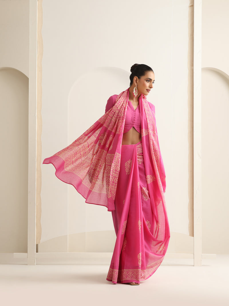 Women Hand Block Pink Pure Cotton Printed Saree