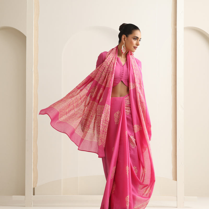 Women Hand Block Pink Pure Cotton Printed Saree - Khushal K - Image 6