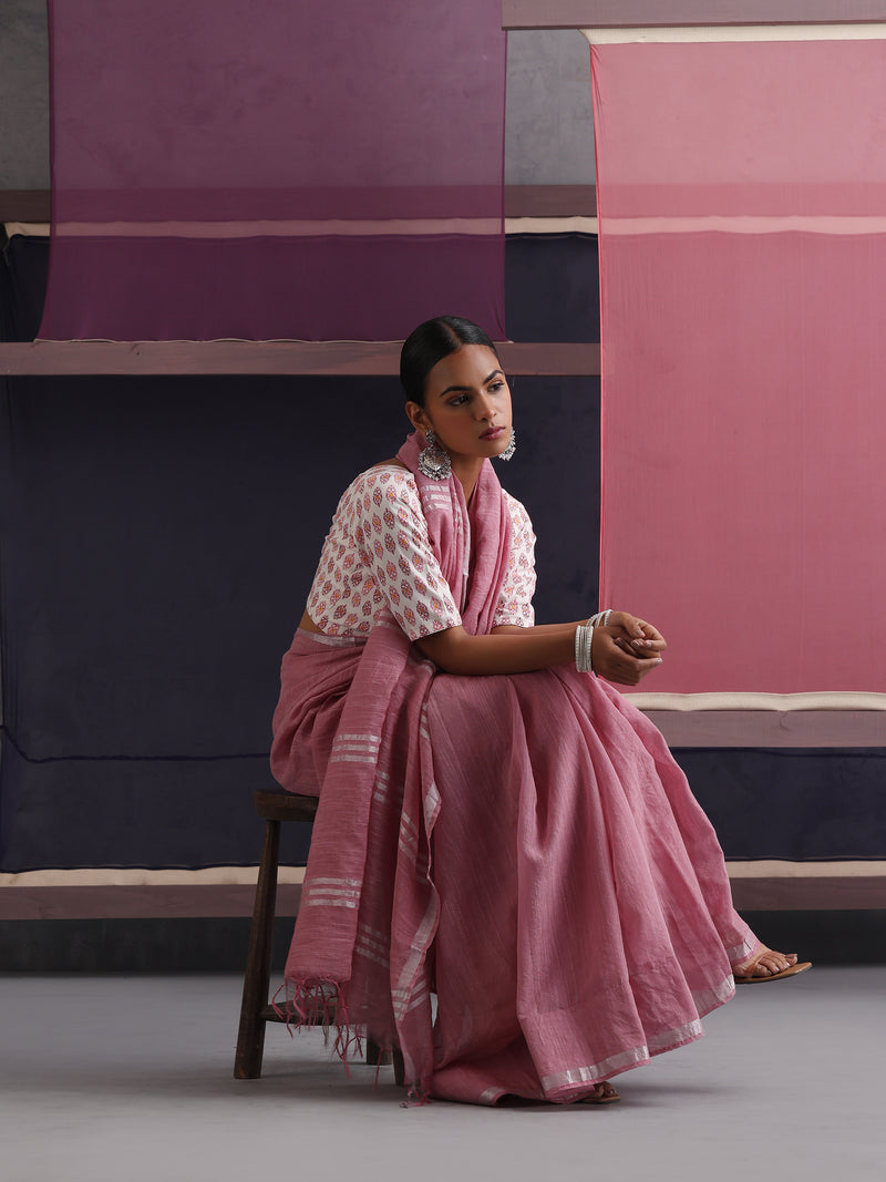 Women Cotton Pink Linen Printed Saree