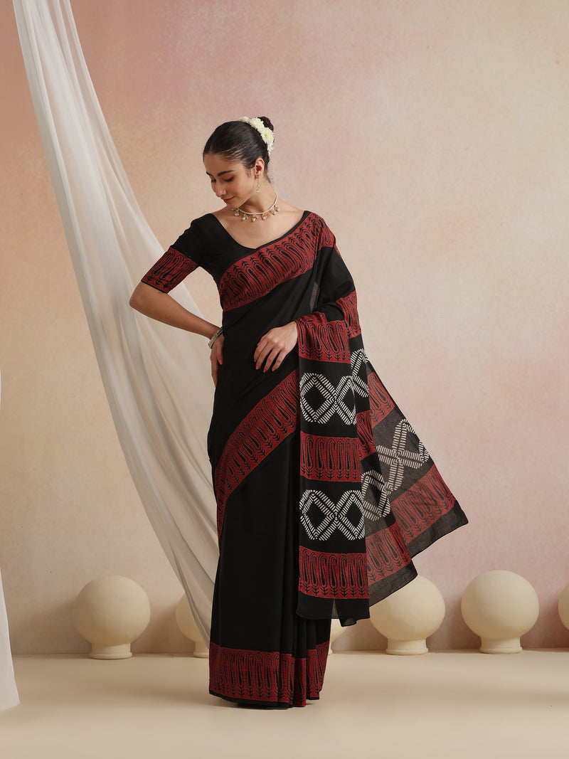 Women Hand Block Black Pure Cotton Printed Saree