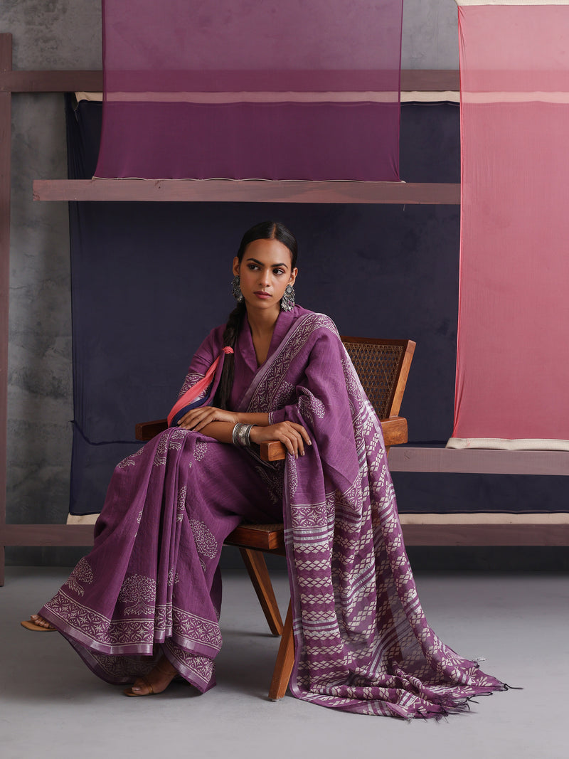 Women Hand Block Purple Cotton Linen Printed Saree