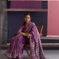 Women Hand Block Purple Cotton Linen Printed Saree