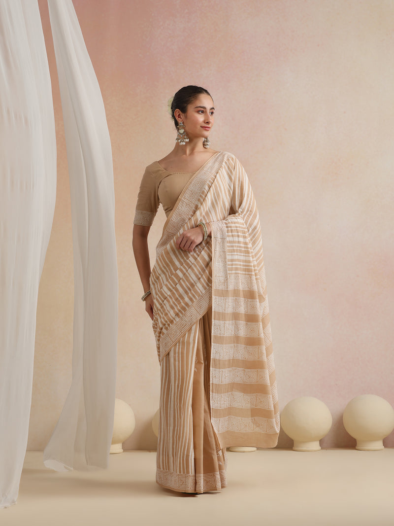 Women Hand Block Brown Pure Cotton Printed Saree