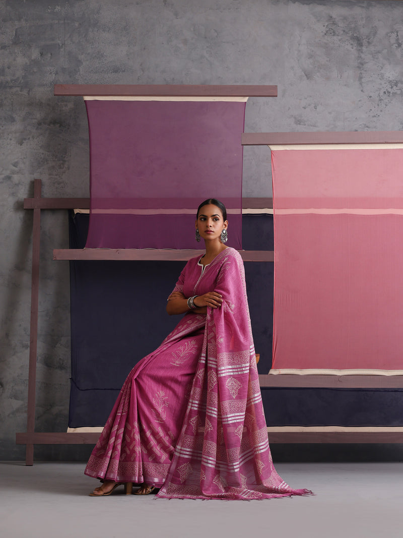 Women Hand Block Pink Cotton Linen Printed Saree