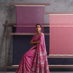 Women Hand Block Pink Cotton Linen Printed Saree