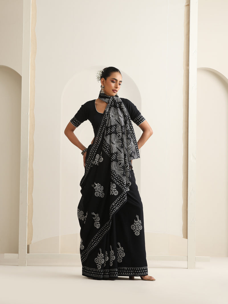 Women Hand Block Black Pure Cotton Printed Saree