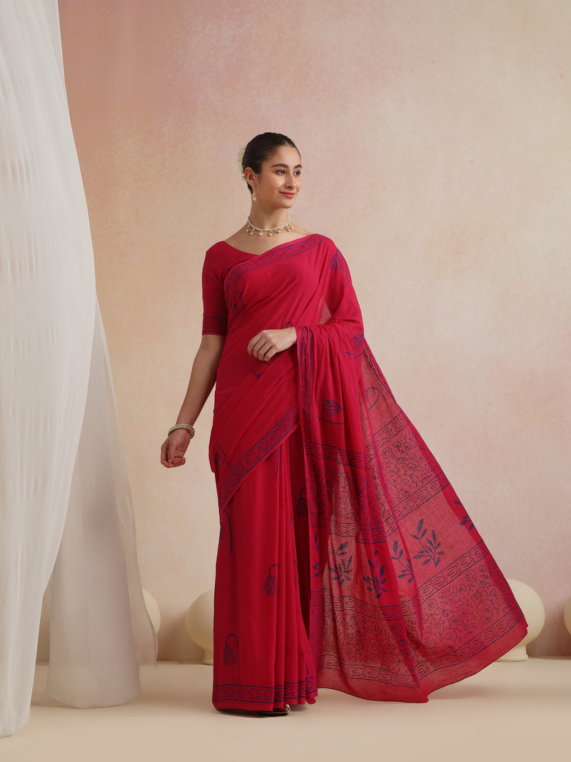 Women Hand Block Pink Pure Cotton Printed Saree