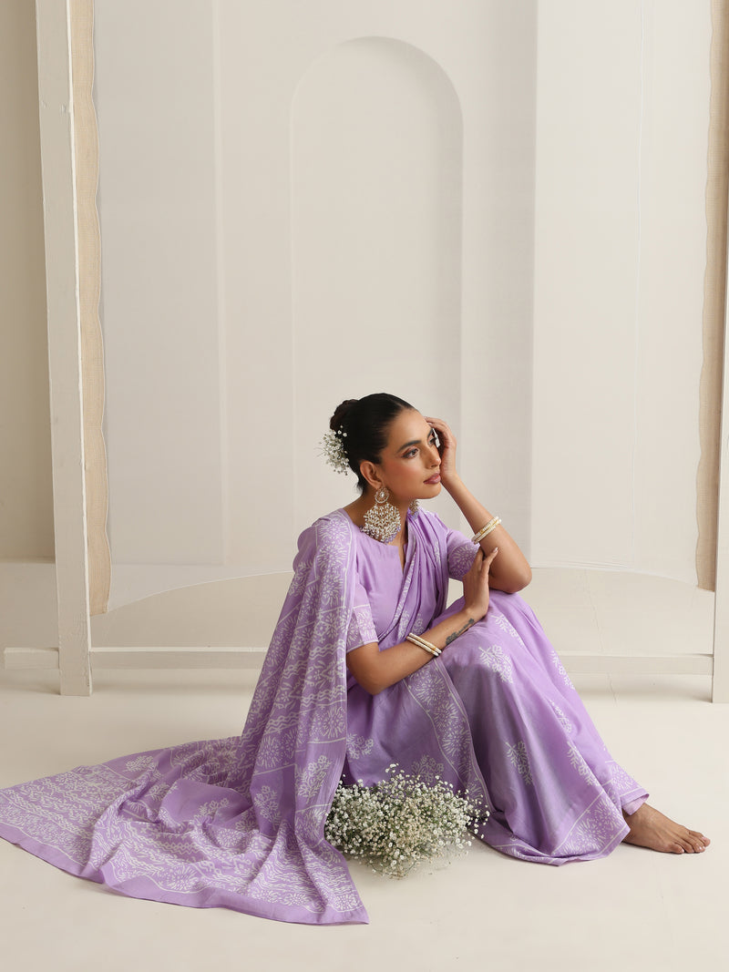 Women Hand Block Purple Pure Cotton Printed Saree