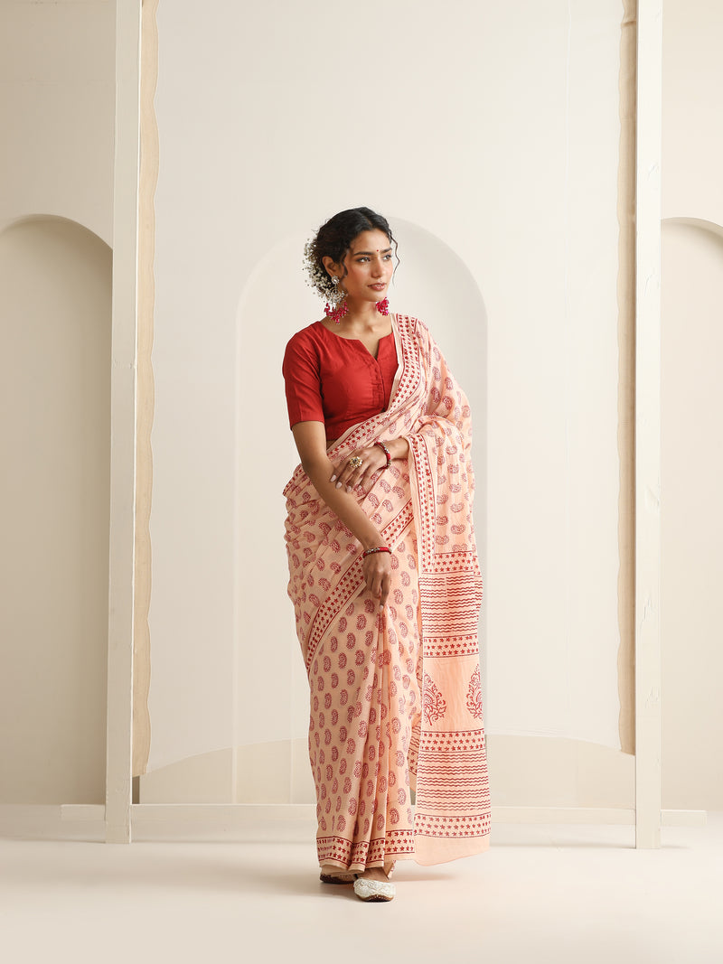 Women Hand Block Peach Pure Cotton Printed Saree