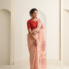 Women Hand Block Peach Pure Cotton Printed Saree