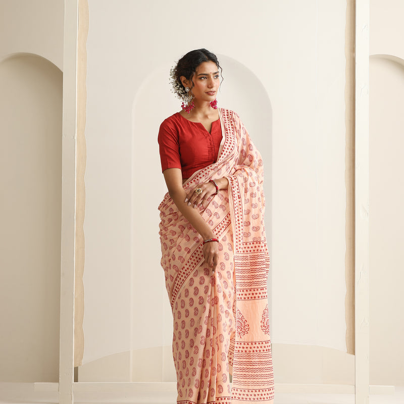 Women Hand Block Peach Pure Cotton Printed Saree - Khushal K - Image 7