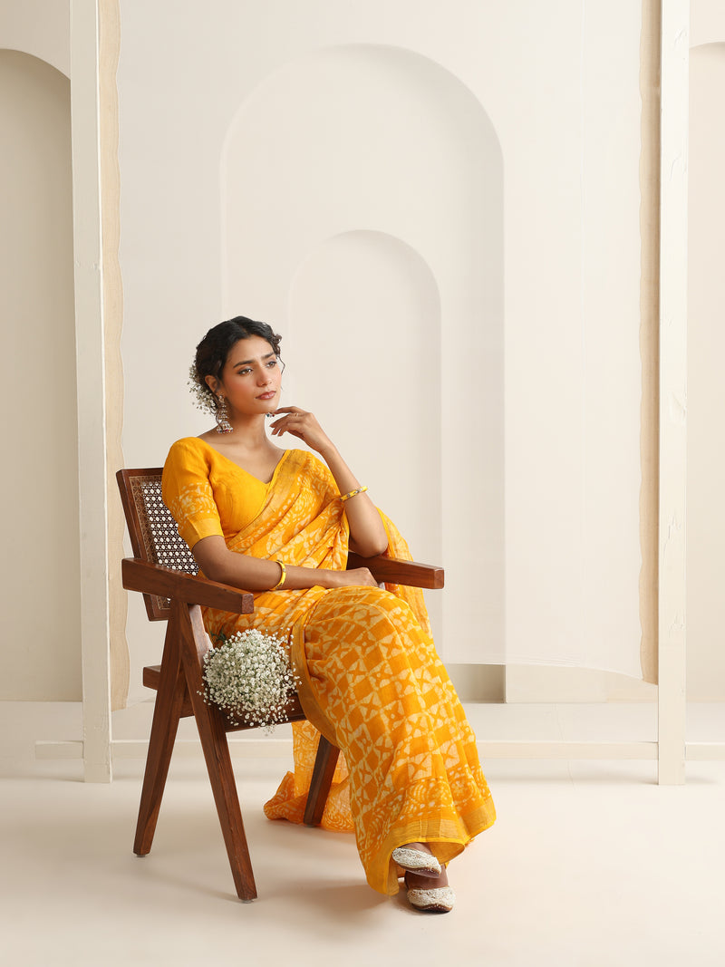 Women Hand Block Yellow Cotton Linen Printed Saree