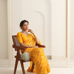 Women Hand Block Yellow Cotton Linen Printed Saree