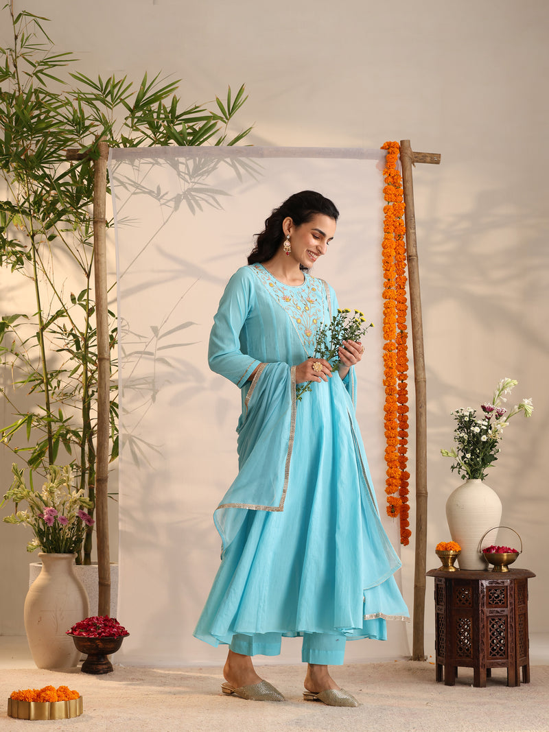 Khushal K Women Cotton Kurta and Palazzo With Dupatta Set - Turquoise Blue