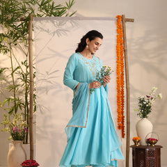 Khushal K Women Cotton Kurta and Palazzo With Dupatta Set - Turquoise Blue