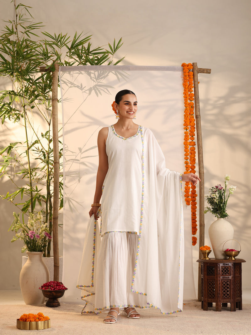 Khushal K Women Cotton Kurta and Sharara With Dupatta Set - White