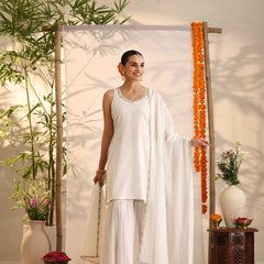 Khushal K Women Cotton Kurta and Sharara With Dupatta Set - White