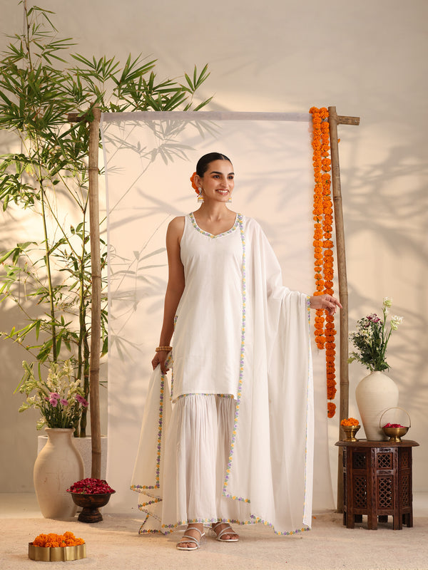 Khushal K Women Cotton Kurta and Sharara With Dupatta Set - White