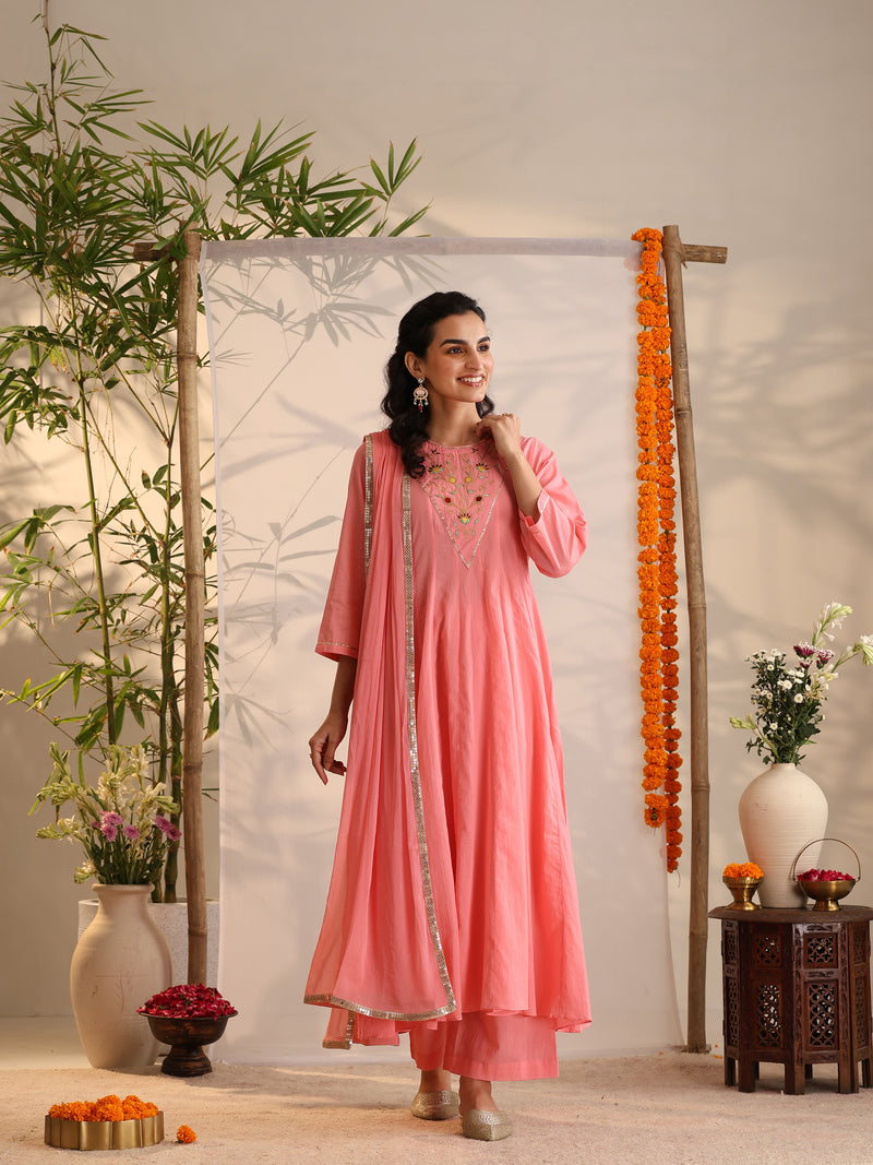 Khushal K Women Cotton Kurta and Palazzo With Dupatta Set - Pink