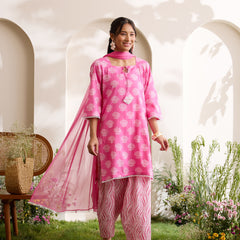 Khushal K Women Cotton Kurti And Farshi Salwar  With Dupatta Set - Pink