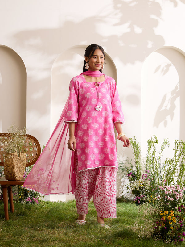 Khushal K Women Cotton Kurti And Farshi Salwar  With Dupatta Set - Pink