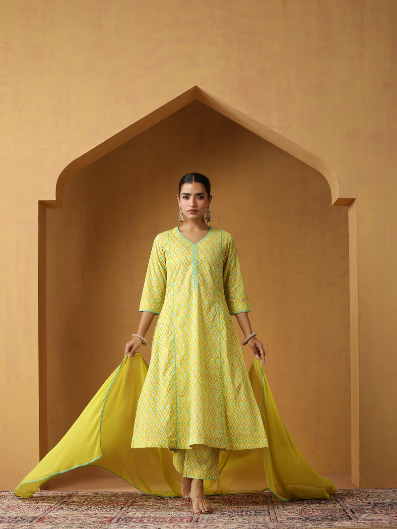 Geometric Printed Pure Cotton Straight Kurta With Palazzo And Dupatta