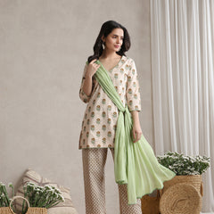 Floral Printed V-Neck Pure Cotton Kurta with Palazzos & With Dupatta
