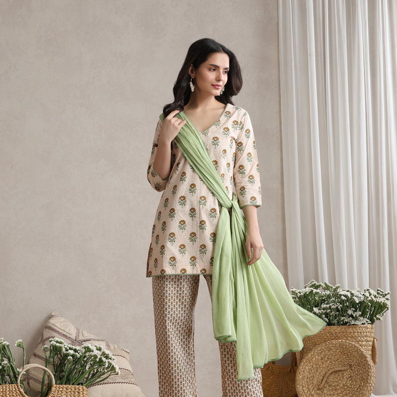 Floral Printed V-Neck Pure Cotton Kurta with Palazzos & with Dupatta - Cream - Khushal K - Image 7