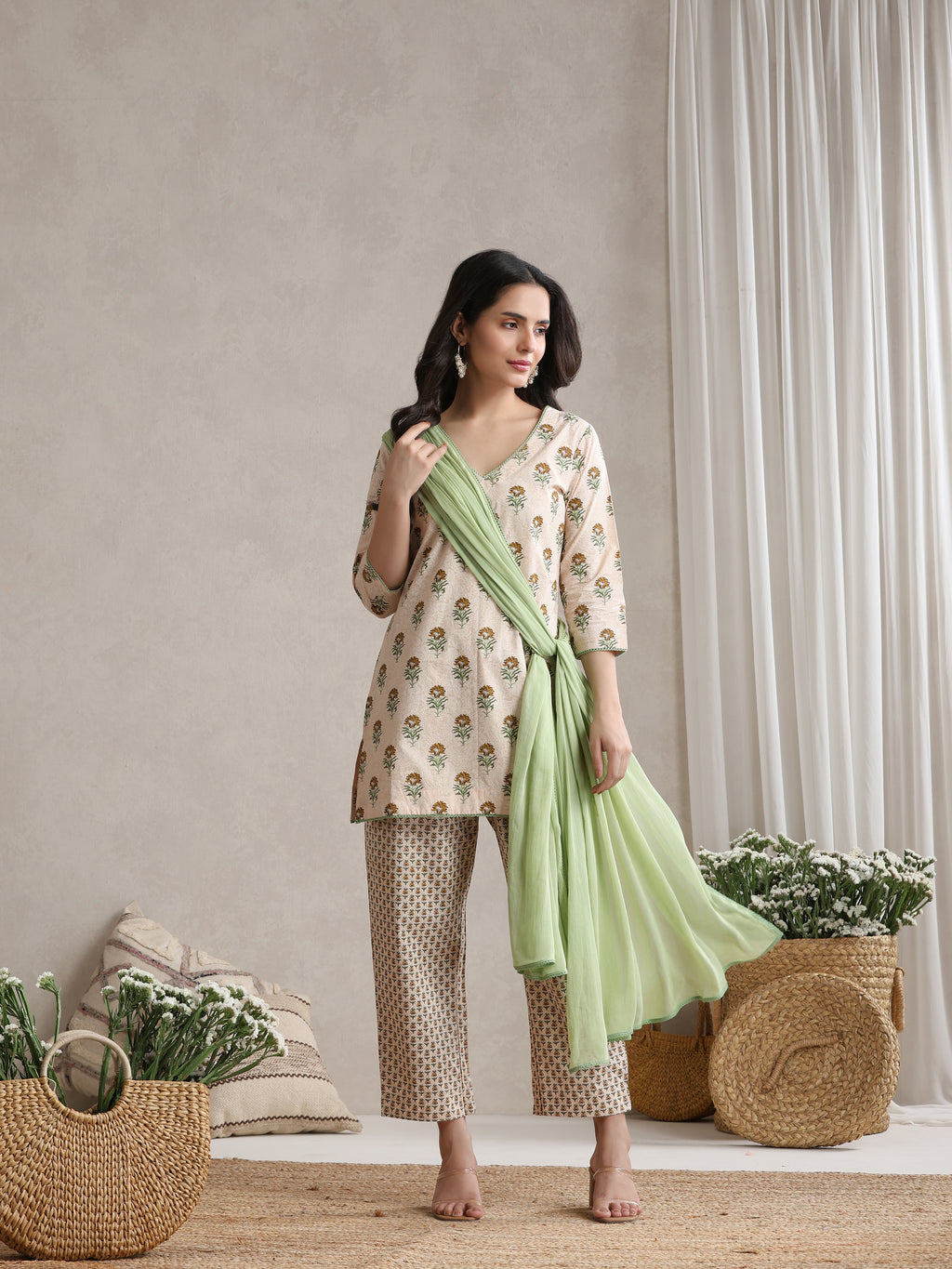Floral Printed V-Neck Pure Cotton Kurta with Palazzos & With Dupatta