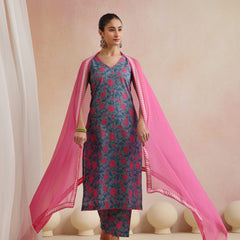 Khushal K Women Cotton Kurta Palazzo Dupatta Set - Blue