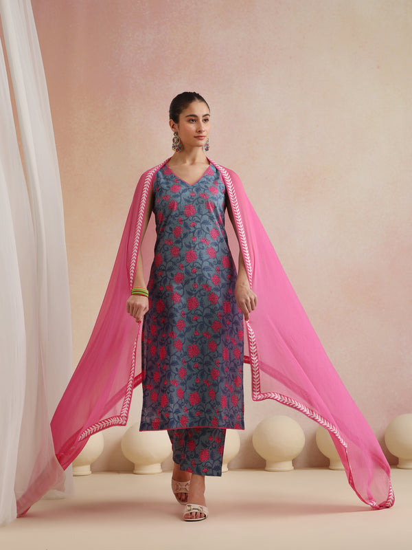 Khushal K Women Cotton Kurta Palazzo Dupatta Set - Blue