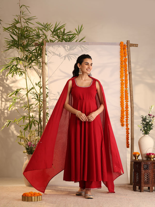 Khushal K Women Cotton Kurta and Palazzo With Dupatta Set - Maroon