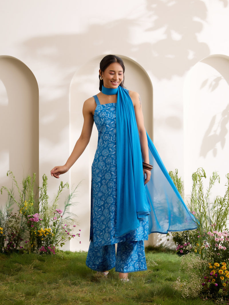 Khushal K Women Cotton Kurta And Palazzo With Dupatta Set - Blue