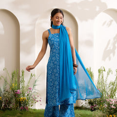 Khushal K Women Cotton Kurta And Palazzo With Dupatta Set - Blue