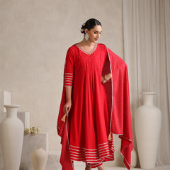 Khushal K  Red v-Neck Anarkali Rayon Kurta kurta set