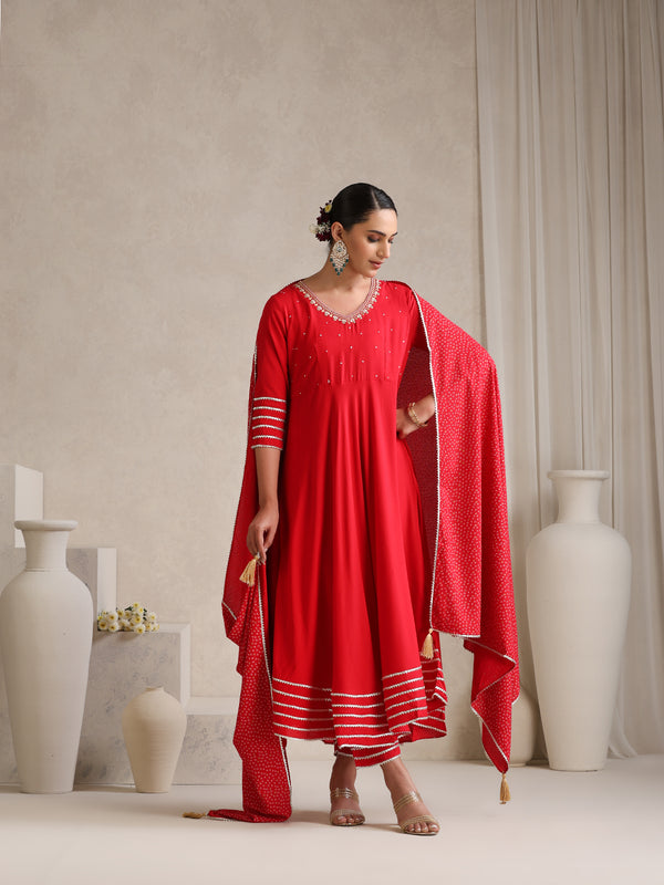Khushal K  Red v-Neck Anarkali Rayon Kurta kurta set