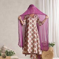 Floral Printed V-Neck Pure Cotton A-Line Kurta with Trousers And Dupatta