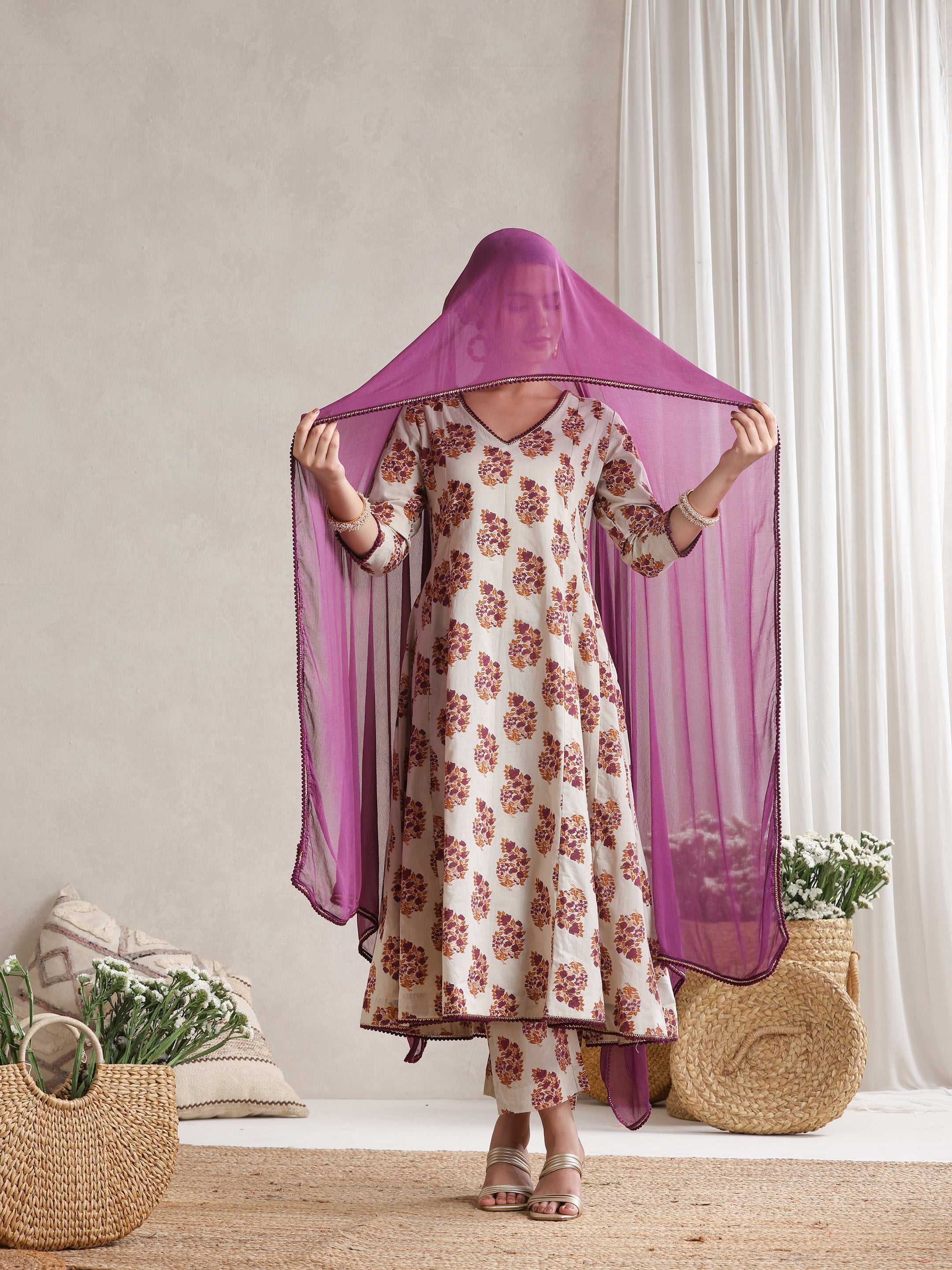 Floral Printed V-Neck Pure Cotton A-Line Kurta with Trousers And Dupatta