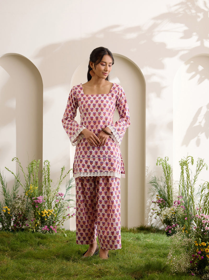 Khushal K Women Cotton Kurti With Farshi Salwar Set - Peach