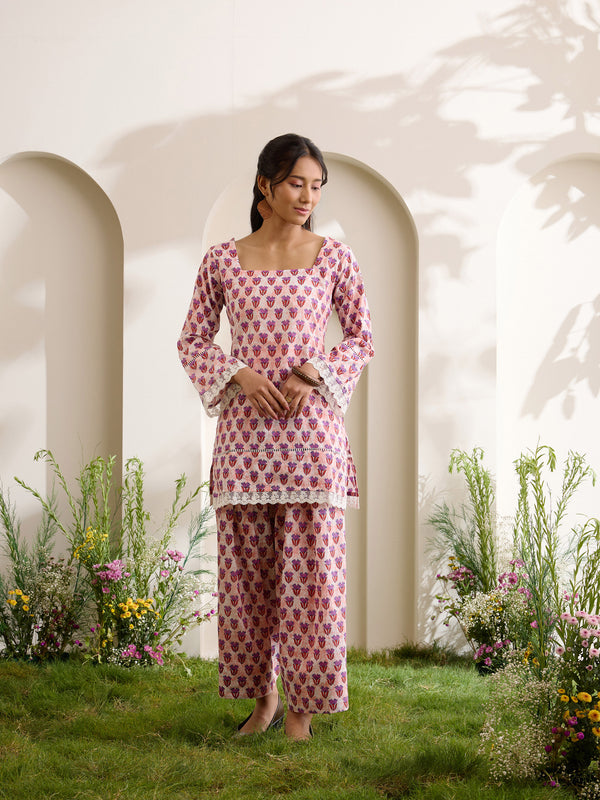 Khushal K Women Cotton Kurti With Farshi Salwar Set - Peach