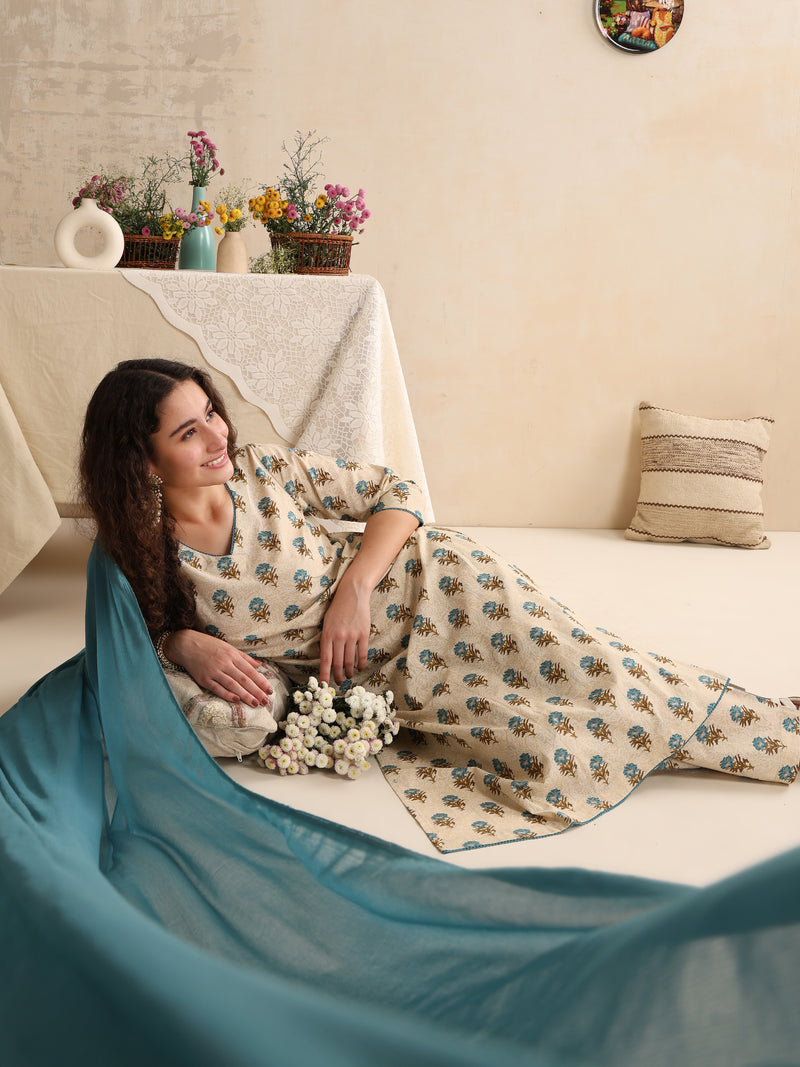 Khushal K Women Cream Floral Printed Regular Pure Cotton Kurta & Palazzo With Dupatta