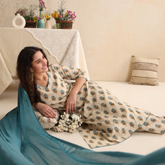Khushal K Women Cream Floral Printed Regular Pure Cotton Kurta & Palazzo With Dupatta