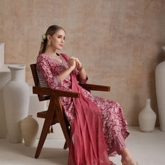 Floral Printed V Neck A Line Pure Cotton Kurta With Trousers & Dupatta